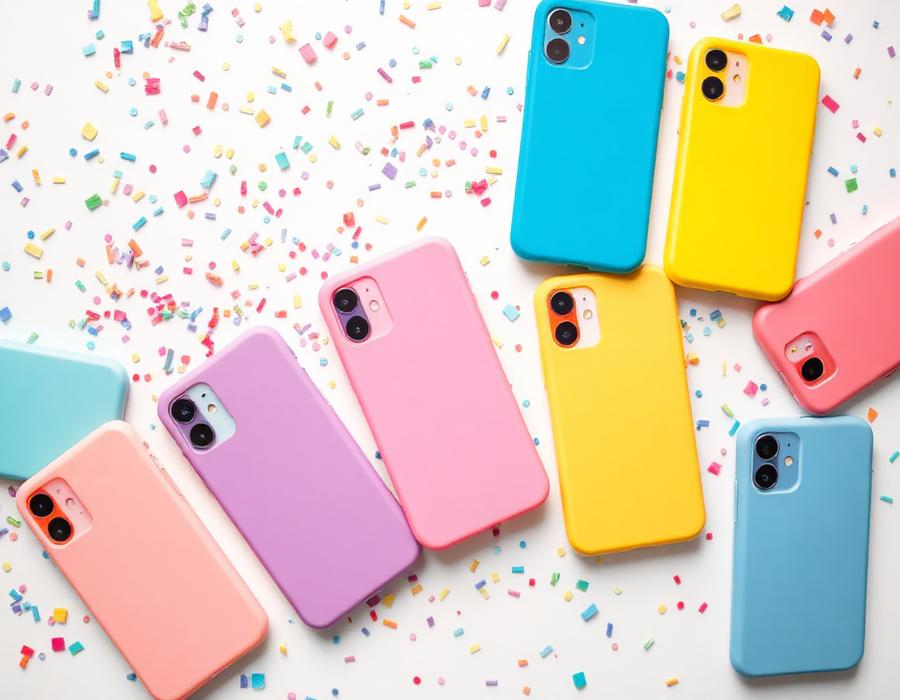 Colourful phone cases laid out on a white surface