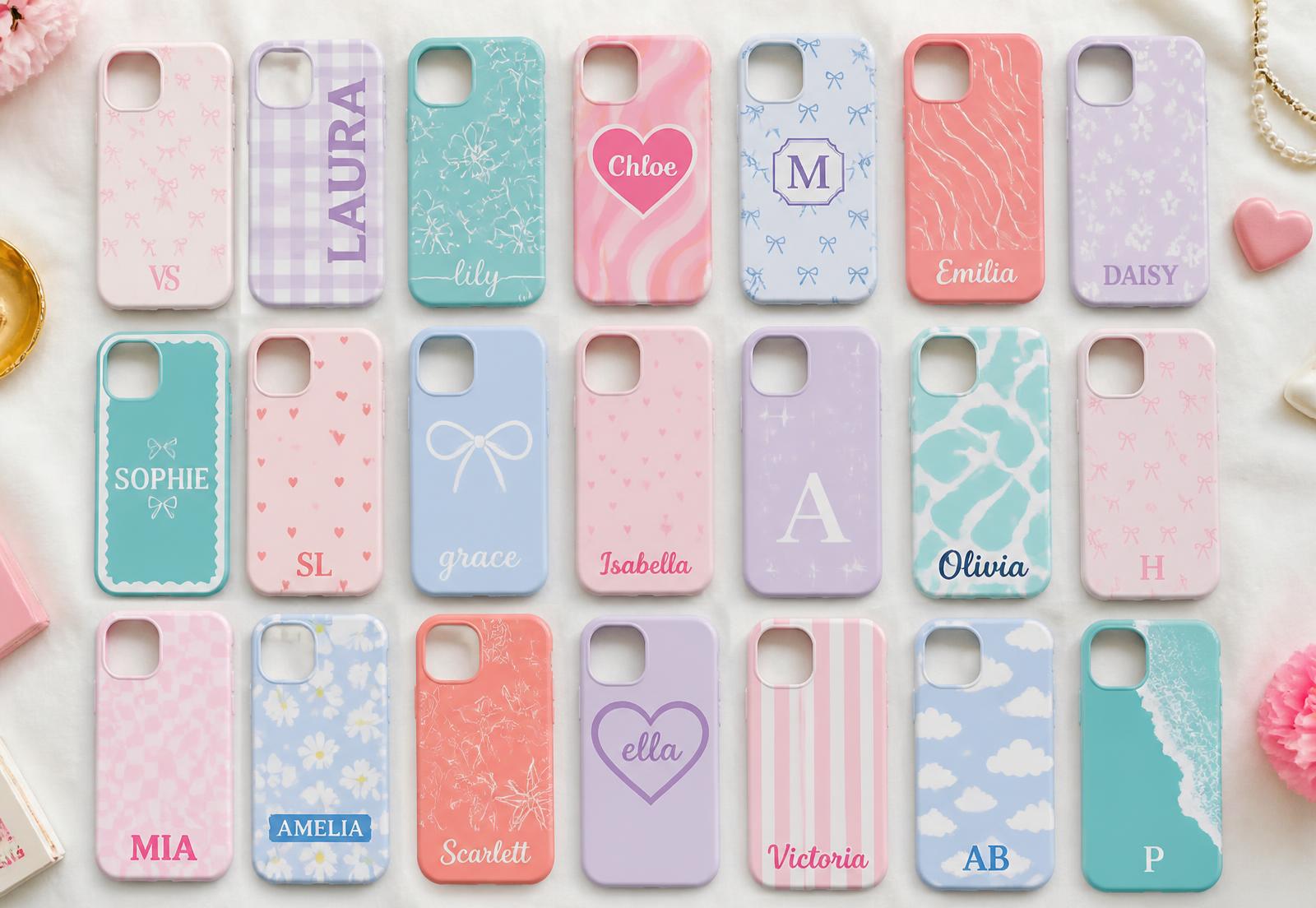 Colourful customised phone cases with names, initials and patterns arranged in a grid